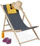 Relaxdays Liegestuhl Holz, Holz Strandliege mit Stoffbezug, klappbar & verstellbar,