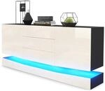 Vladon Sideboard City, Made in Germany, Schwarz matt/Creme Hochglanz inkl. LED -