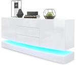 Vladon Sideboard City, Made in Germany, Wei&szlig; matt/Wei&szlig; Hochglanz inkl. LED -