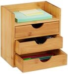 Relaxdays Schreibtisch Organizer, Ablage, 3 Schubladen, f&uuml;r B&uuml;routensilien, Bambus