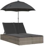 vidaXL Doppel-Sonnenliege mit Kissen & Sonnenschirm Grau Poly Rattan