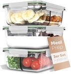 classbach Meal Prep Boxen Glas mit F&auml;chern | 3er Set | Glasbeh&auml;lter mit Deckel 
