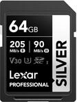 Lexar Silver SD Karte 64GB, UHS-I SDXC Card 205 MB/s Read Speed, 90 MB/s Write Speed,