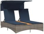 vidaXL Doppel-Sonnenliege mit Dach und Kissen Grau Poly Rattan