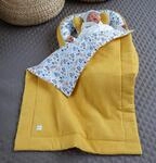 BLAU T&uuml;rkis BLUMEN/SENFGELB Gelb Waffelpique Bio-Baumwolle Babynest Neugeborene Baby