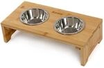 lionto Hundenapf aus Bambus, Erh&ouml;ht, 2 Edelstahln&auml;pfe &aacute; 350 ml, 40x20x10 cm 