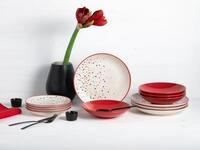 CreaTable, Serie Joy Dots Geschirrset aus Steinzeug (Teller Set 12 tlg, Rot)