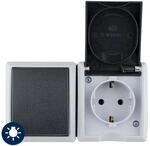 REV AquaForm, Lichtschalter mit Steckdose, IP44, zweipolig, Aufputz, waagrecht, grau