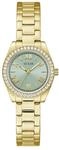 GUESS Damen Armbanduhr MINI Luna mit Zirkonia, goldfarbenes Edelstahlarmband, Mineral