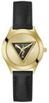 Guess Damen Armbanduhr TRI Plaque, schwarzes Lederarmband, Mineral Glas, goldenes