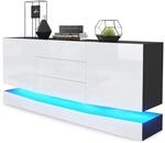 Vladon Sideboard City, Made in Germany, Schwarz matt/Wei&szlig; Hochglanz inkl. LED -