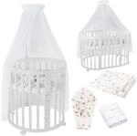 Waldin Oval Baby-Bett Mitwachsend Komplett Set 7in1, Gitterbett, Kinderbett mit
