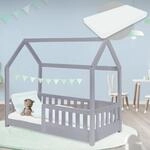 ML-Design Kinderbett 70x140 cm Hellgrau mit Matratze, Rausfallschutz, Dach &