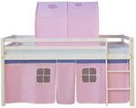 Homestyle4u Kinderbett 90x200 Wei&szlig; Hochbett mit Treppe Tunnel Vorhang Rosa