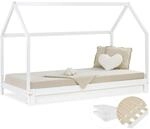 Homestyle4u 2719, Kinderbett 90x200 mit Ausziehbett Holz Kiefer Wei&szlig; Bodenbett