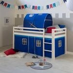 Homestyle4u Kinderbett Wei&szlig; 90 x 200 cm Holz Hochbett mit Vorhang blau Leiter...
