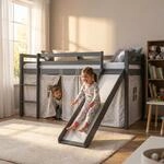 Homestyle4u Kinderbett Hochbett 90x200 Grau mit Rutsche & Leiter, Kinderhochbett