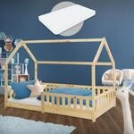 ML-Design Kinderbett 90x200 cm Natur mit Matratze H:16 cm, Rausfallschutz, Dach,