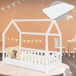 ML-Design Kinderbett 70x140 cm Wei&szlig; mit Matratze, Rausfallschutz, Dach und