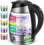 FOR ME Glas Elektrischer Wasserkocher mit Teesieb 1,8L, Temperatureinstellung,