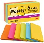Post-it Super Sticky Notes, Packung mit 6 Bl&ouml;cken, 90 Blatt pro Block, 76 &times; 127 mm,