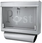 Grafner Design Edelstahl Briefkasten mit Glasfront und Zeitungsfach, Silber,