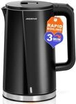 Aigostar Wasserkocher Schwarz Matt Edelstahl 1,7 Liter - Schnelles Electric Kettle