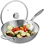 Relaxdays Wok, &Oslash; 32 cm, Edelstahl unbeschichtet, Glasdeckel, Gas-, Elektro-,
