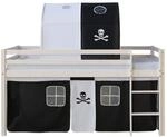 Homestyle4u Kinderbett 90x200 Wei&szlig; Schwarz Hochbett mit Treppe Vorhang Pirat...