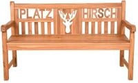 Gartenbank Platzhirsch mit Hirschkopf aus massivem Teakholz ge&ouml;lt &ndash; 3-Sitzer