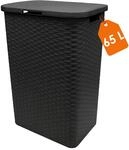 Kunststoff W&auml;schekorb anthrazit mit Deckel in Rattan Optik - 65 Liter -