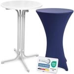 Beautissu Wei&szlig;er Stehtisch klappbar 70 cm mit Stretch Stehtischhusse Blau &ndash;