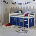 Homestyle4u Kinderbett Wei&szlig; 90 x 200 cm Holz Kiefer Blau Hochbett mit Vorhang...