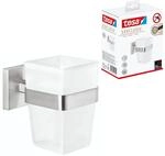 tesa EXXCLUSIV Zahnputzbecher mit Halterung - Becher aus Milchglas, verchromte
