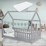 ML-Design Kinderbett 80x160 cm Hellgrau mit Matratze, Rausfallschutz, Dach und