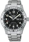 Seiko Automatische Uhr, schwarzes Zifferblatt, Geh&auml;use und Armband aus Stahl,...