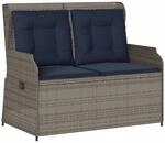 vidaXL Gartenbank mit Liegefunktion und Kissen Grau Polyrattan