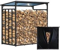 Metall Kaminholzregal Au&szlig;en 185 x 100 x 185 cm Mit Wetterschutz Schwarz, Basic...