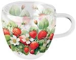 Tasse 10cm Glas Doppelwandig mit Erdbeerbl&uuml;ten Motiv - 0,2L Glastasse aus