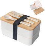 INTIRILIFE Bento Box Lunchbox mit Bambusdeckel, 2 Ebenen Brotdose mit Besteck,