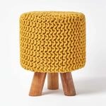 Homescapes Kleiner runder Strick Sitzhocker mit Holzbeinen, senf Fu&szlig;hocker 32...