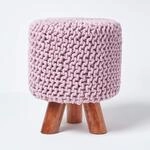 Homescapes Kleiner runder Strick Sitzhocker mit Holzbeinen, rosa Fu&szlig;hocker 32...