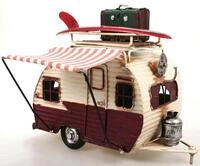 Wohnwagen aus Metall rot mit Rahmen und Spardose Camper Auto Oldtimer Nostalgie