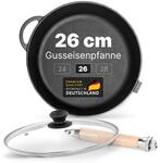 Premium tiefe Gusseisenpfanne 26 cm mit Glasdeckel abnehmbarer Holzgriff
