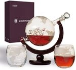 Kemstood Whiskey-Dekanter-Sets, ge&auml;tztes Weltkugel-Design mit Holzst&auml;nder & 2