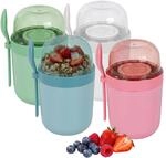 Relaxdays M&uuml;slibecher to go, 4er Set, 3 F&auml;cher, L&ouml;ffel, auslaufsicher, bunt