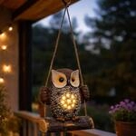 Spetebo Solar Gartenfigur Eule auf Schaukel zum H&auml;ngen - 17 x 14 cm
