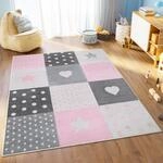 TAPISO Lazur Kinderteppich Kurzflor Sterne Grau Creme 80 x 150 cm | Patchwork