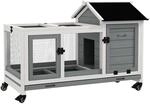 PawHut Zwergkaninchenstall aus Holz mit R&auml;dern 108 x 58 x 73,5 cm Grau 