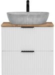 Lomadox Waschtisch 60cm mit Aufsatzbecken, wei&szlig; mit Eiche Nb., Front gerillt,